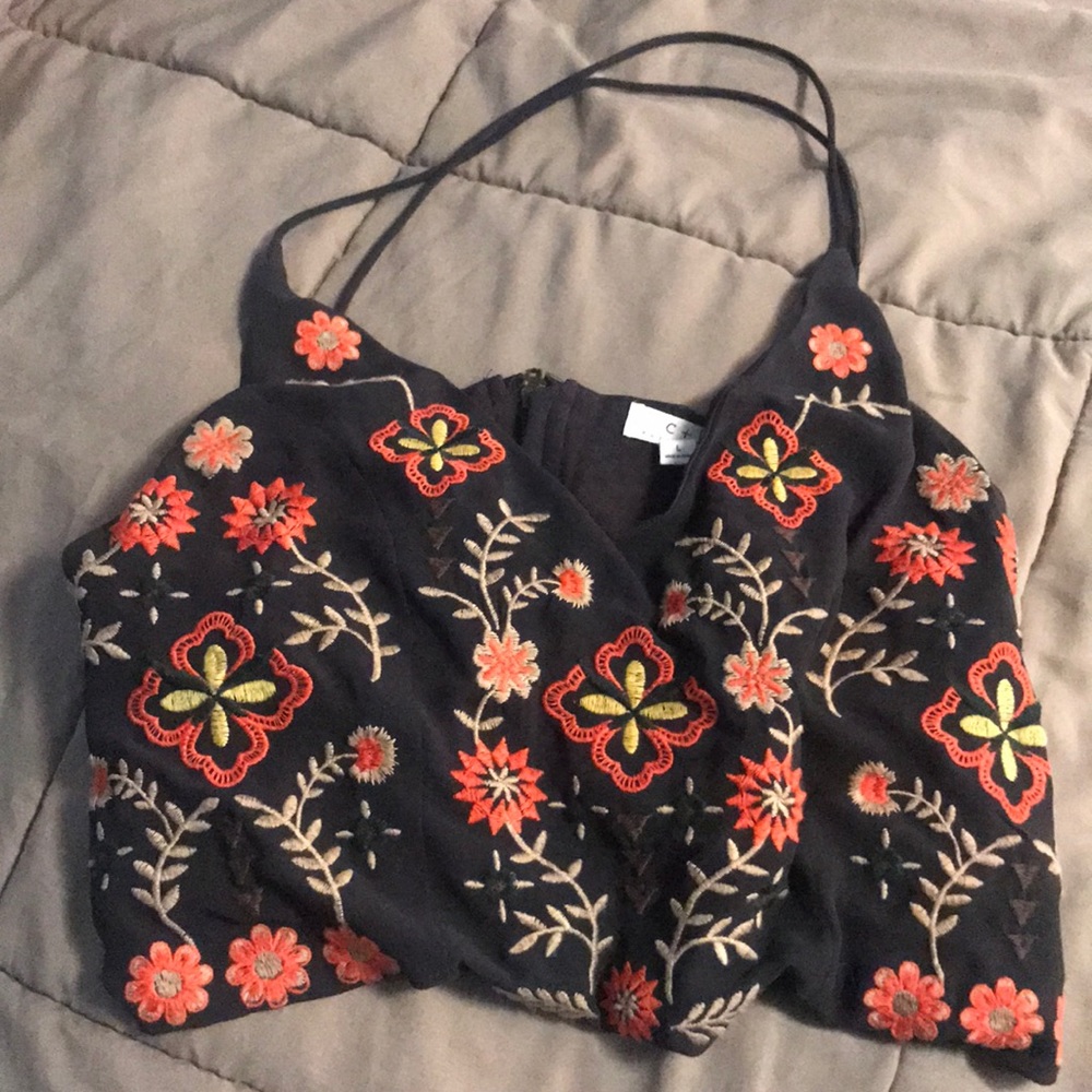 Juniors Large embroided flower crop top